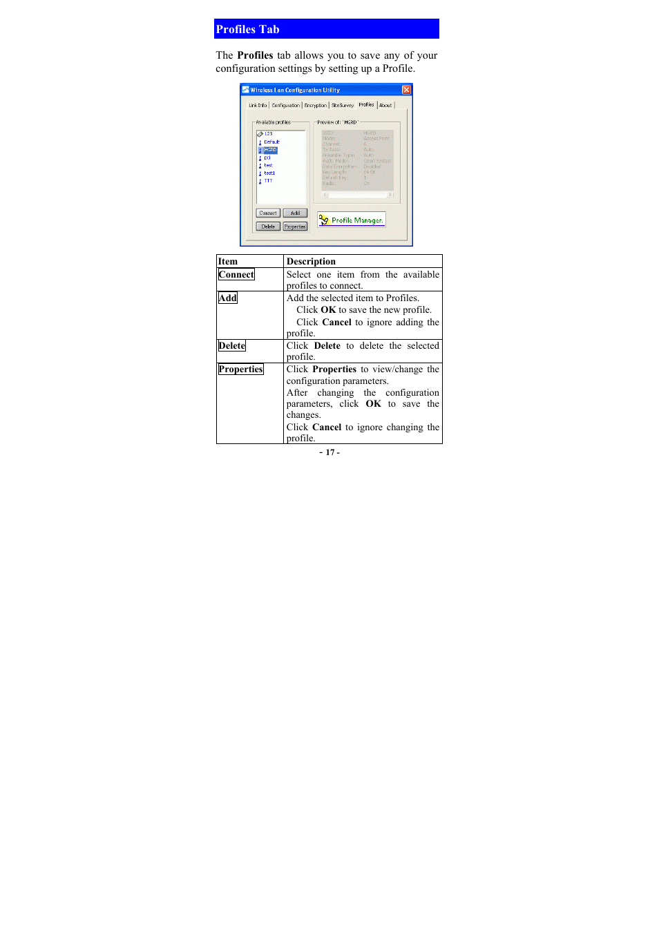 Profiles tab, Item, Description | Connect, Add the selected item to profiles, Click ok to save the new profile, Click cancel to ignore adding the profile, Delete, Click delete to delete the selected profile, Properties | Abocom WP2000 User Manual | Page 19 / 20