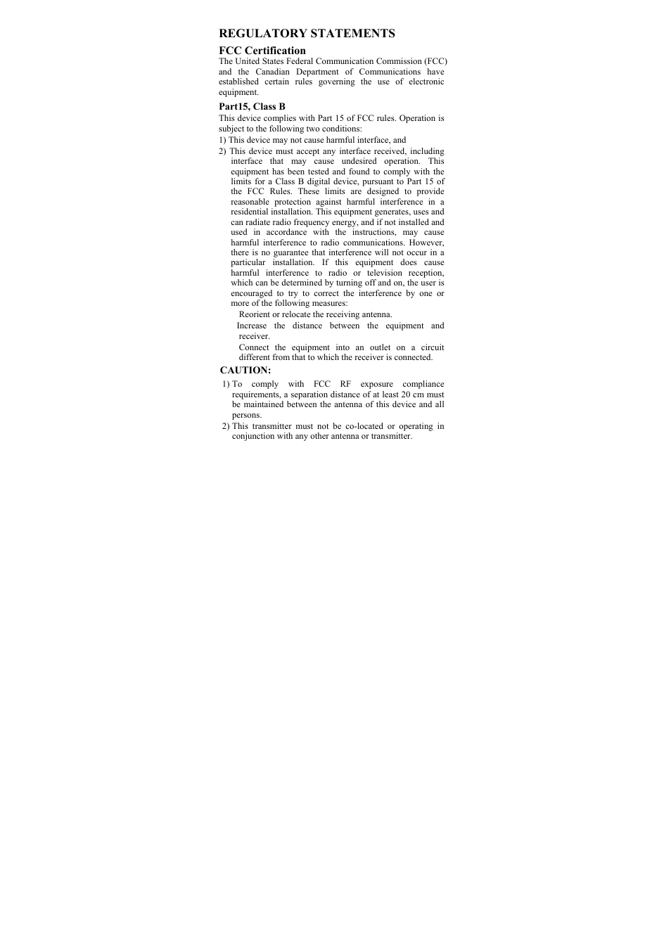 Regulatory statements, Fcc certification, Part15, class b | Reorient or relocate the receiving antenna, Caution | Abocom WP2000 User Manual | Page 2 / 20