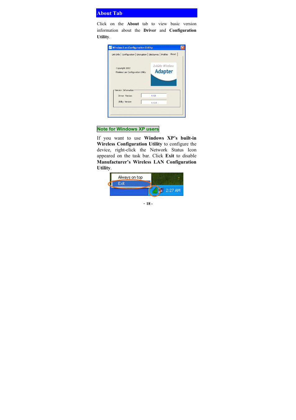 About tab, Note for windows xp users, If you want to use windows xp’s built-in wireless | Abocom WP2000 User Manual | Page 20 / 20