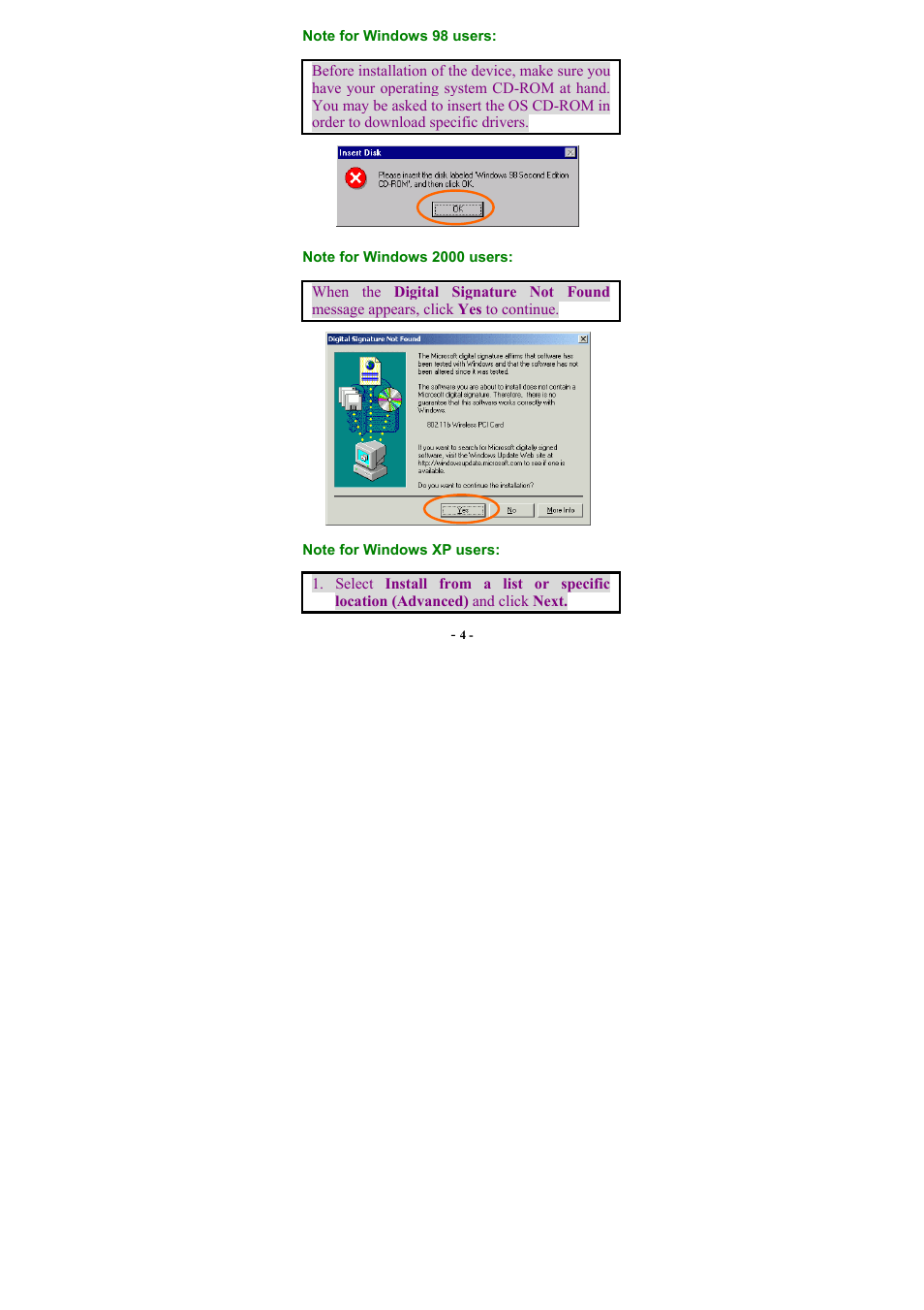 Note for windows 98 users, Note for windows 2000 users, Note for windows xp users | Abocom WP2000 User Manual | Page 6 / 20