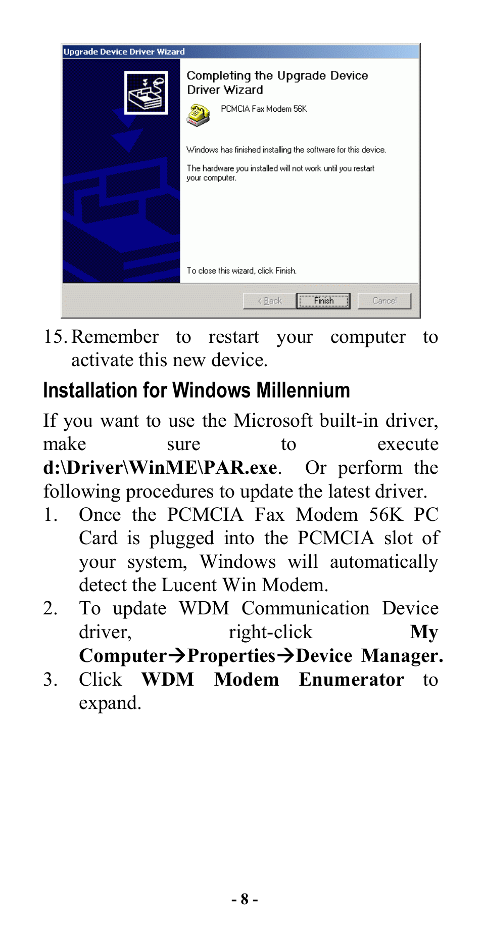 Installation for windows millennium | Abocom FM560C User Manual | Page 10 / 14