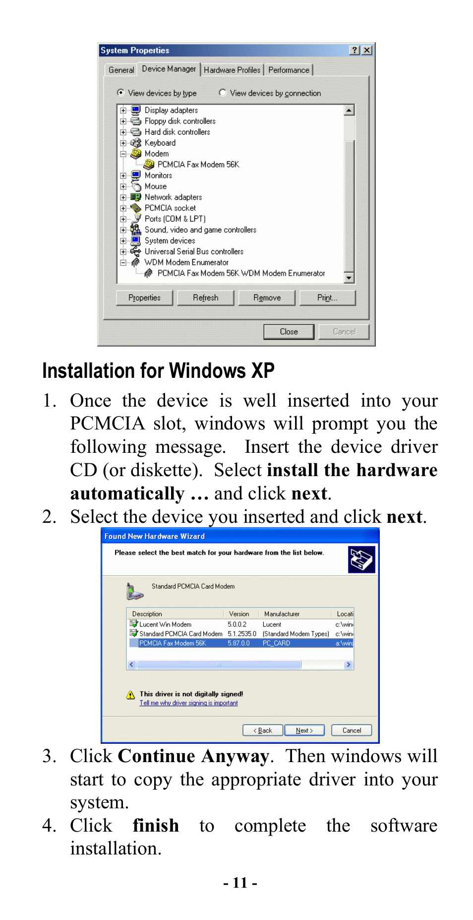 Installation for windows xp | Abocom FM560C User Manual | Page 13 / 14