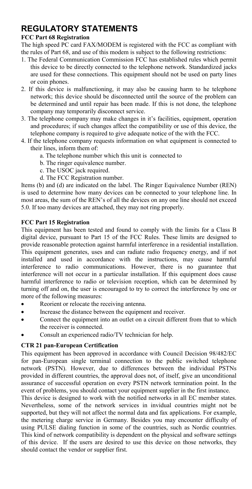 Regulatory statements | Abocom FM560C User Manual | Page 2 / 14
