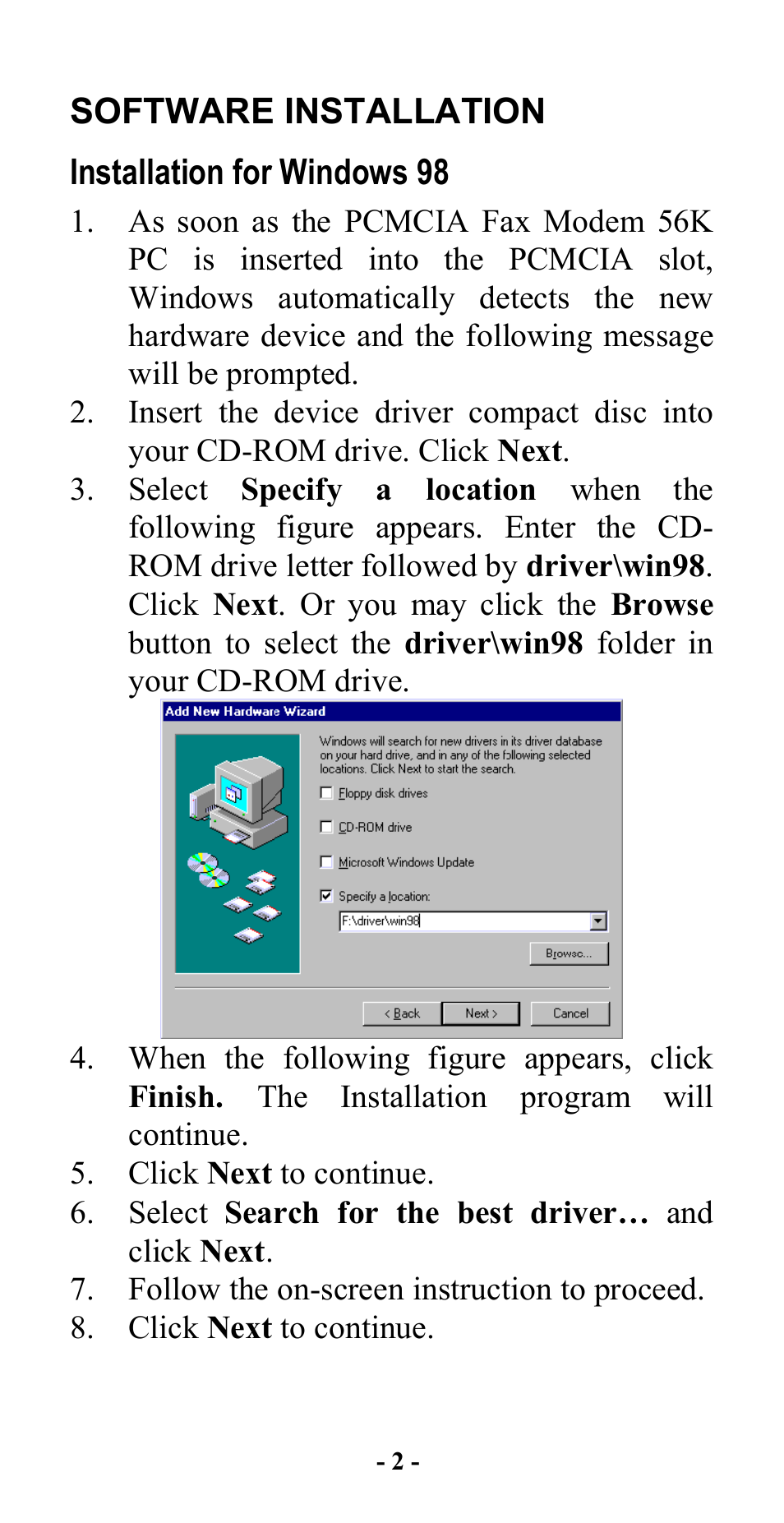 Software installation, Installation for windows 98 | Abocom FM560C User Manual | Page 4 / 14