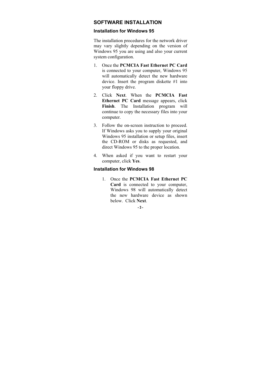 Software installation, Installation for windows 95, Installation for windows 98 | Abocom FE1500 User Manual | Page 5 / 17