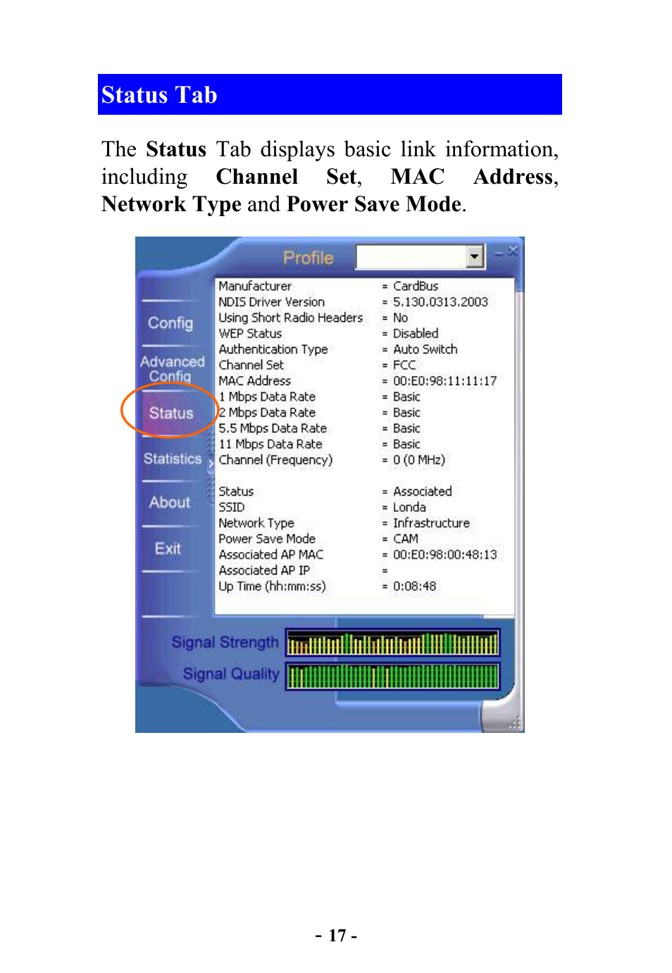 Status tab | Abocom WB2500 User Manual | Page 18 / 20