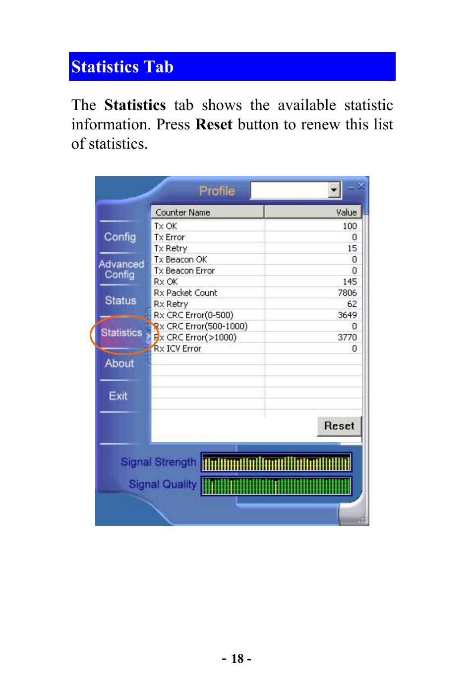 Statistics tab | Abocom WB2500 User Manual | Page 19 / 20