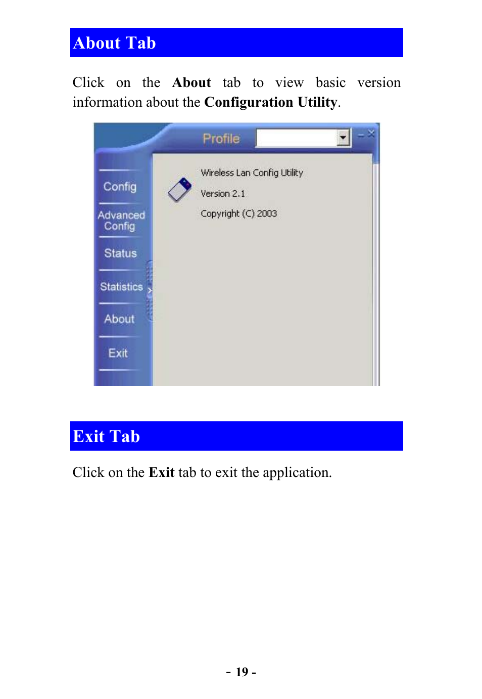 About tab, Exit tab | Abocom WB2500 User Manual | Page 20 / 20