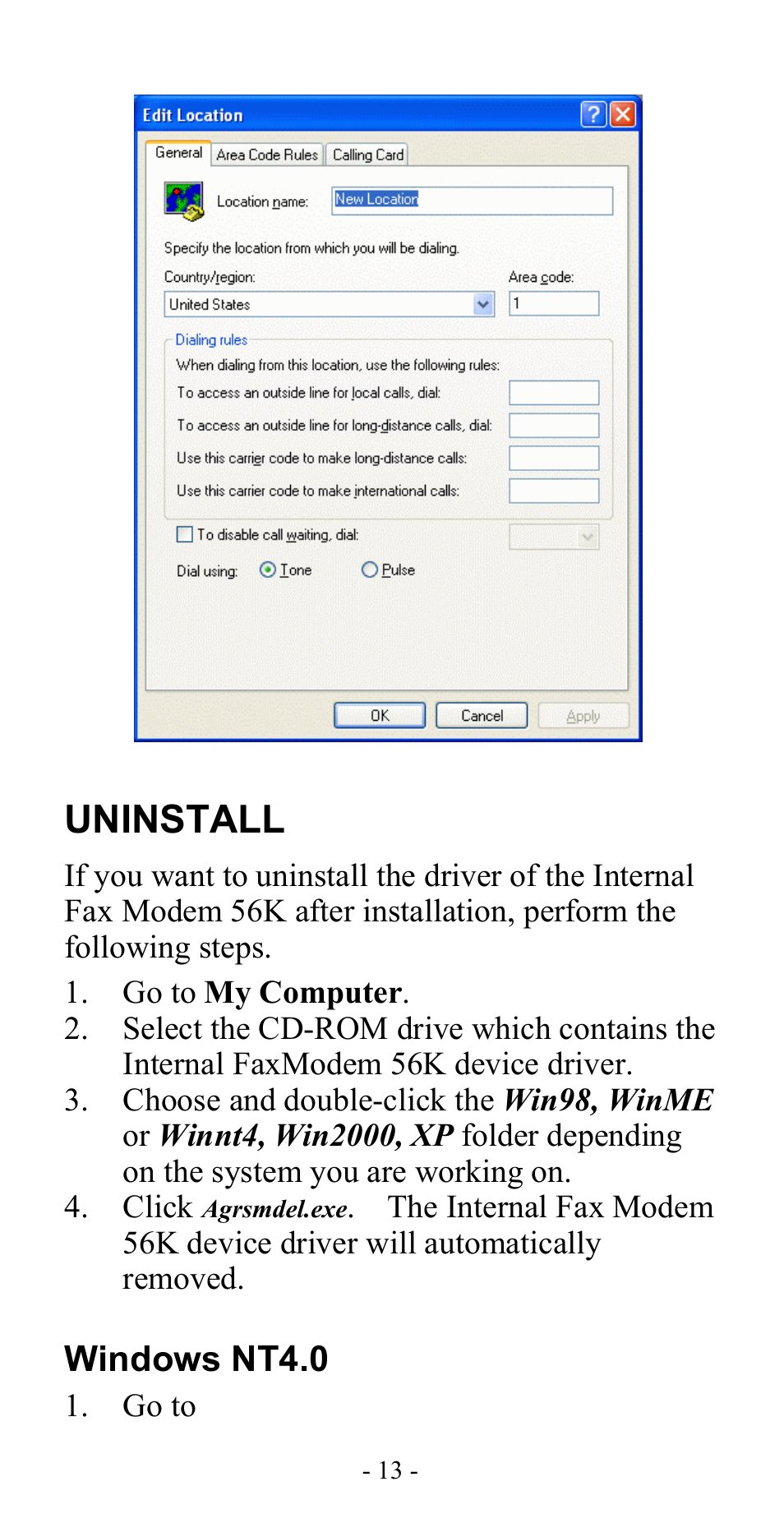Uninstall, Windows nt4.0 | Abocom ISM56CL User Manual | Page 16 / 19