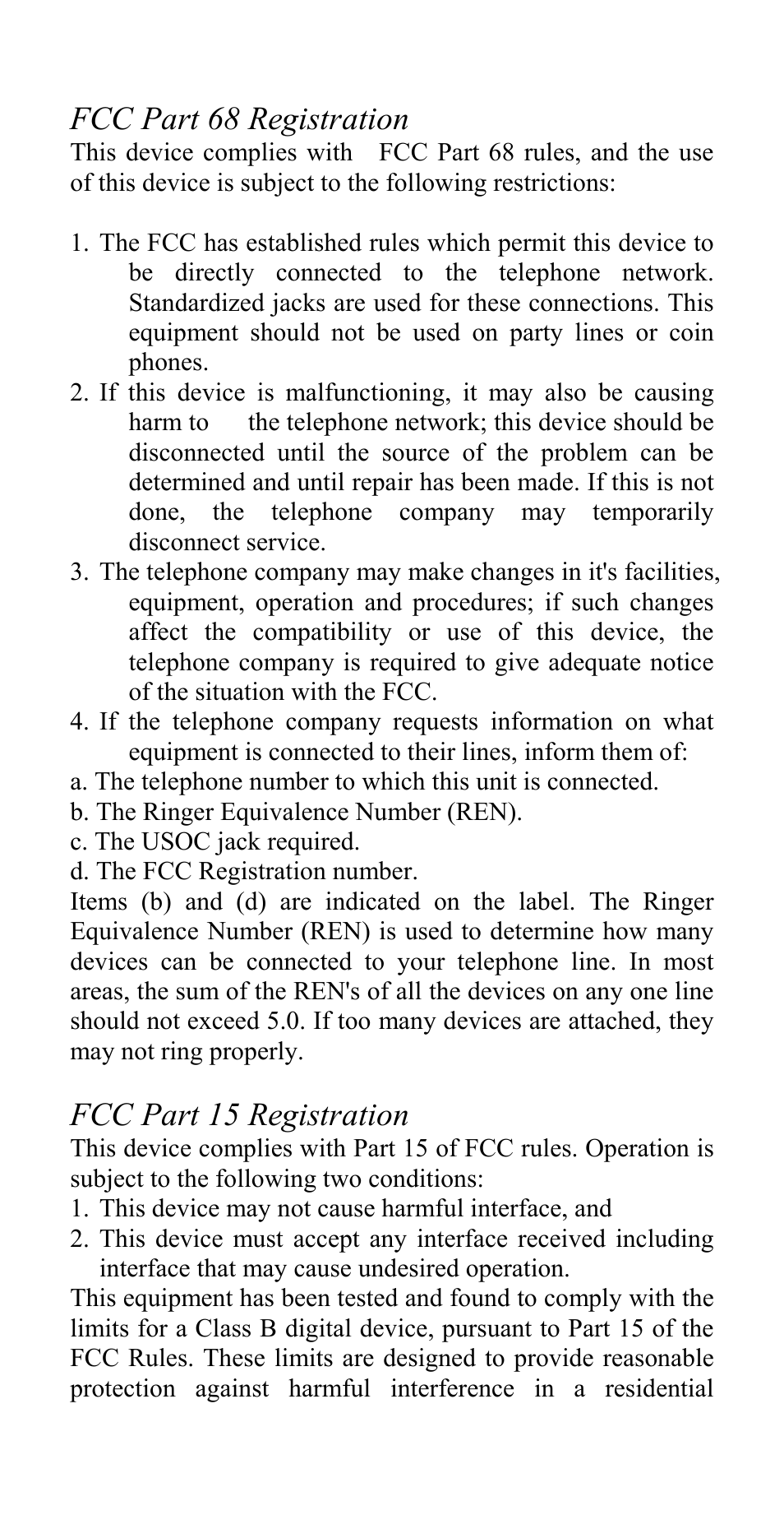 Fcc part 68 registration, Fcc part 15 registration | Abocom ISM56CL User Manual | Page 2 / 19