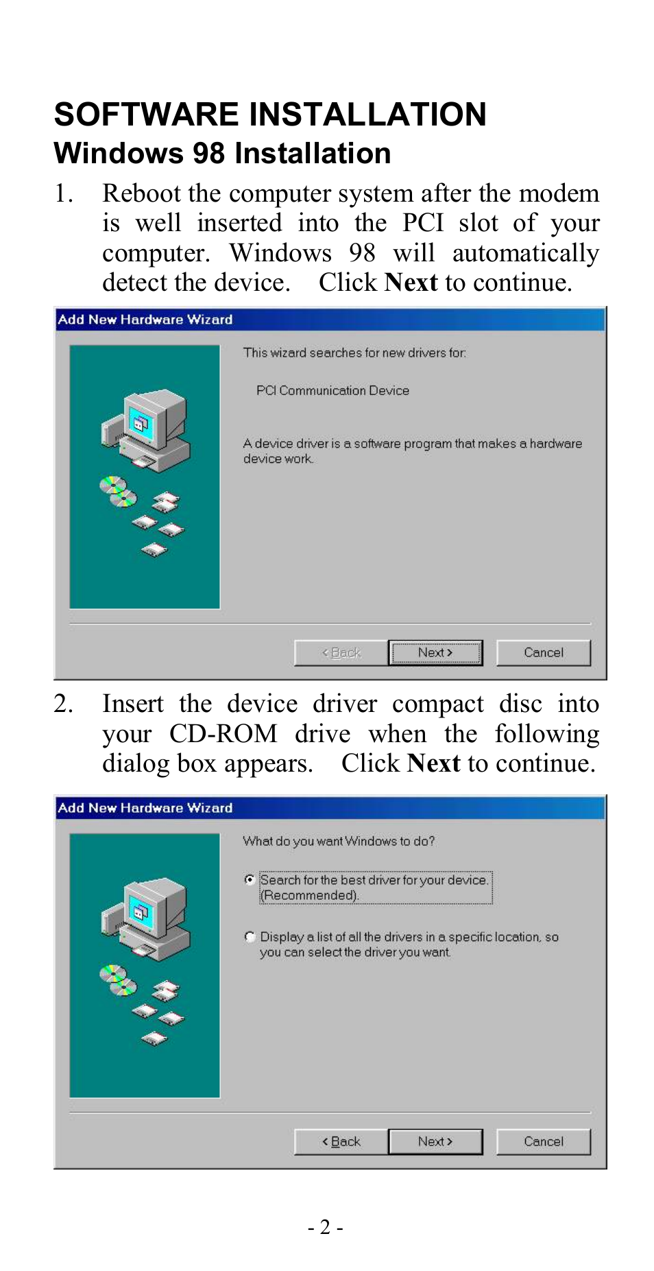Software installation, Windows 98 installation | Abocom ISM56CL User Manual | Page 5 / 19