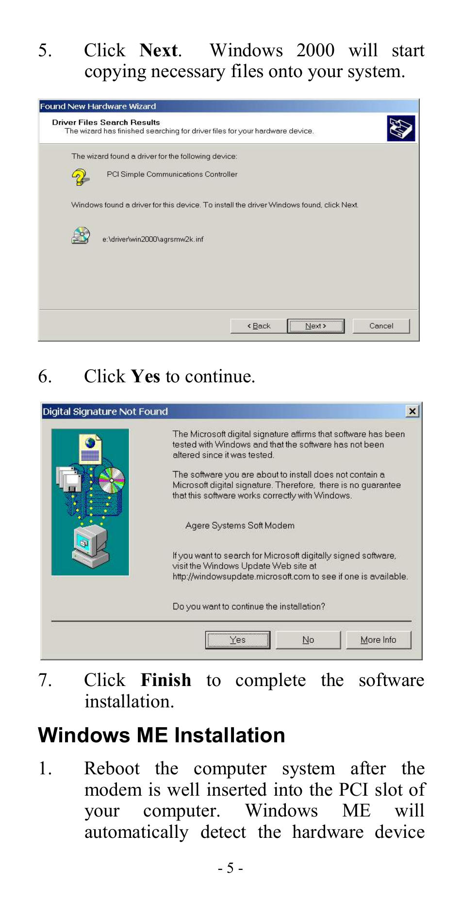 Windows me installation | Abocom ISM56CL User Manual | Page 8 / 19