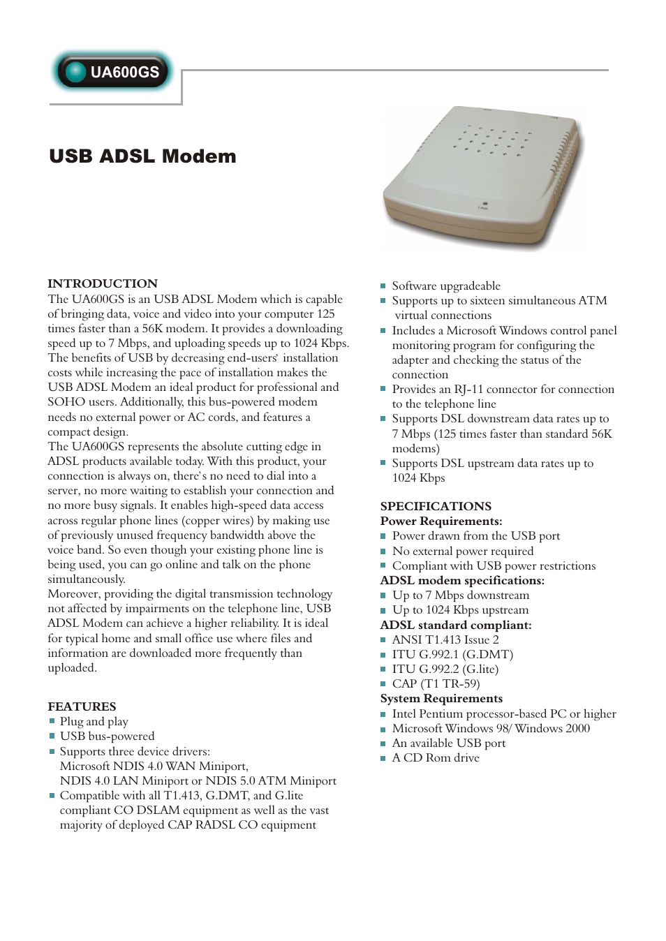 Abocom USB ADSL Modem UA600GS User Manual | 1 page