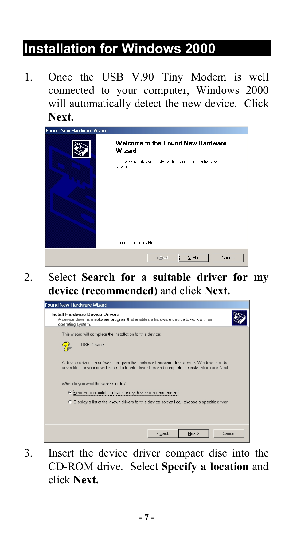 Installation for windows 2000, Nstallation for, Indows | Abocom Modem UTM560 User Manual | Page 11 / 19