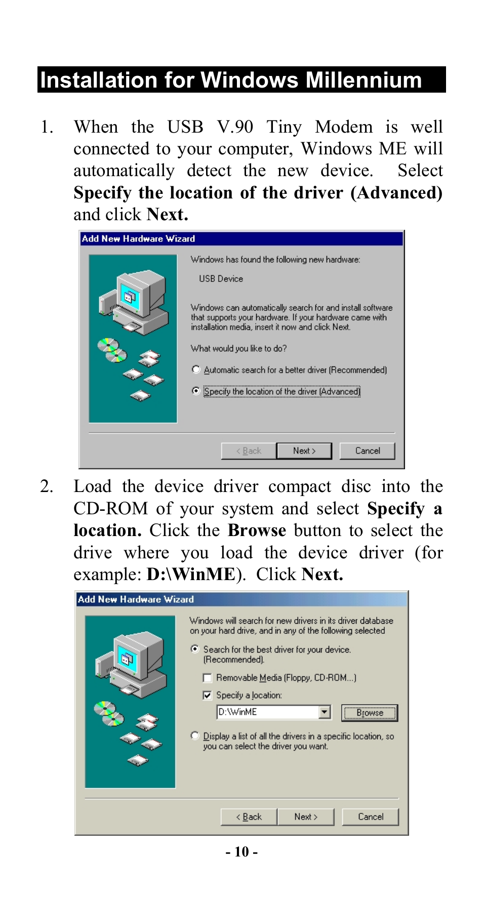 Installation for windows millennium, Nstallation for, Indows | Illennium | Abocom Modem UTM560 User Manual | Page 14 / 19