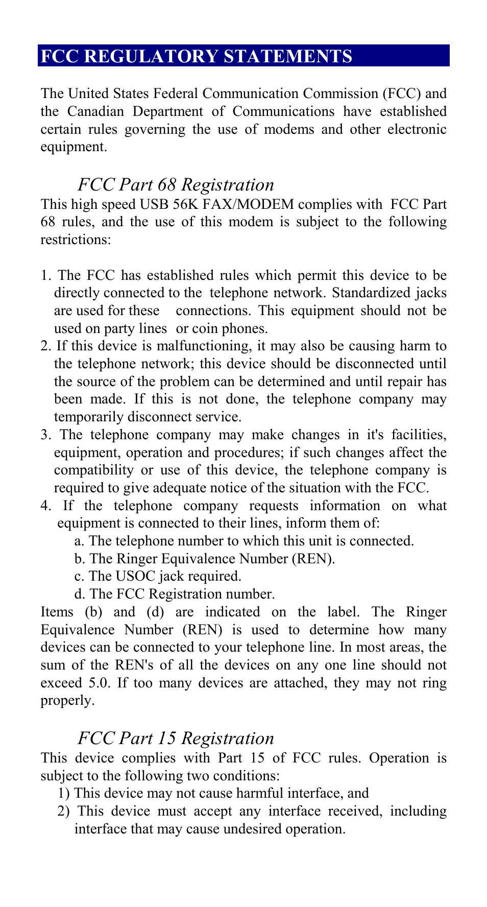 Fcc regulatory statements, Fcc part 68 registration, Fcc part 15 registration | Abocom Modem UTM560 User Manual | Page 2 / 19