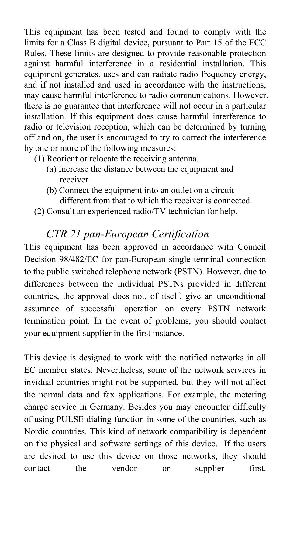 Ctr 21 pan-european certification | Abocom Modem UTM560 User Manual | Page 3 / 19