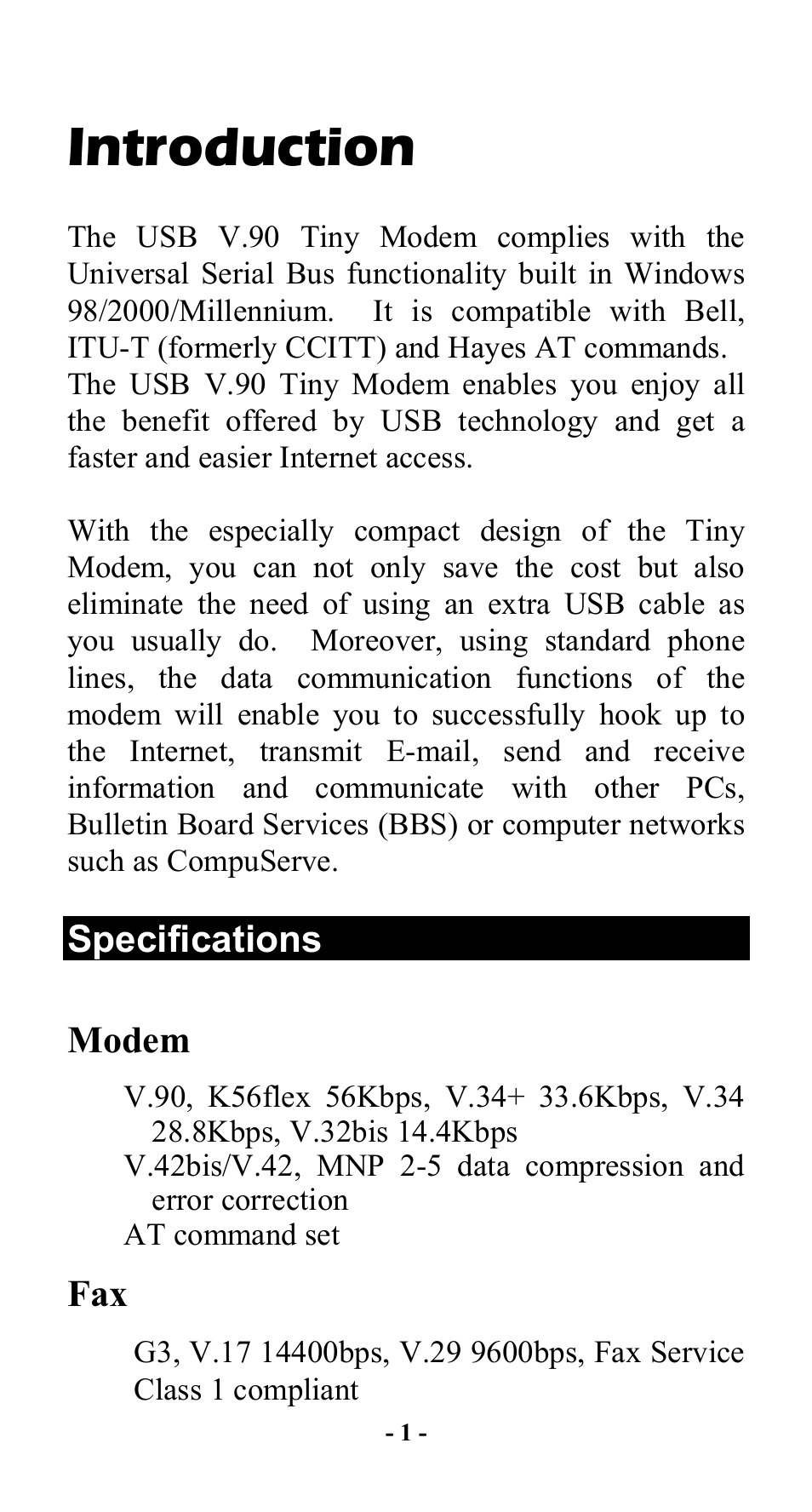 Introduction, Specifications, Modem | Pecifications, Modem fax, Specifications modem | Abocom Modem UTM560 User Manual | Page 5 / 19