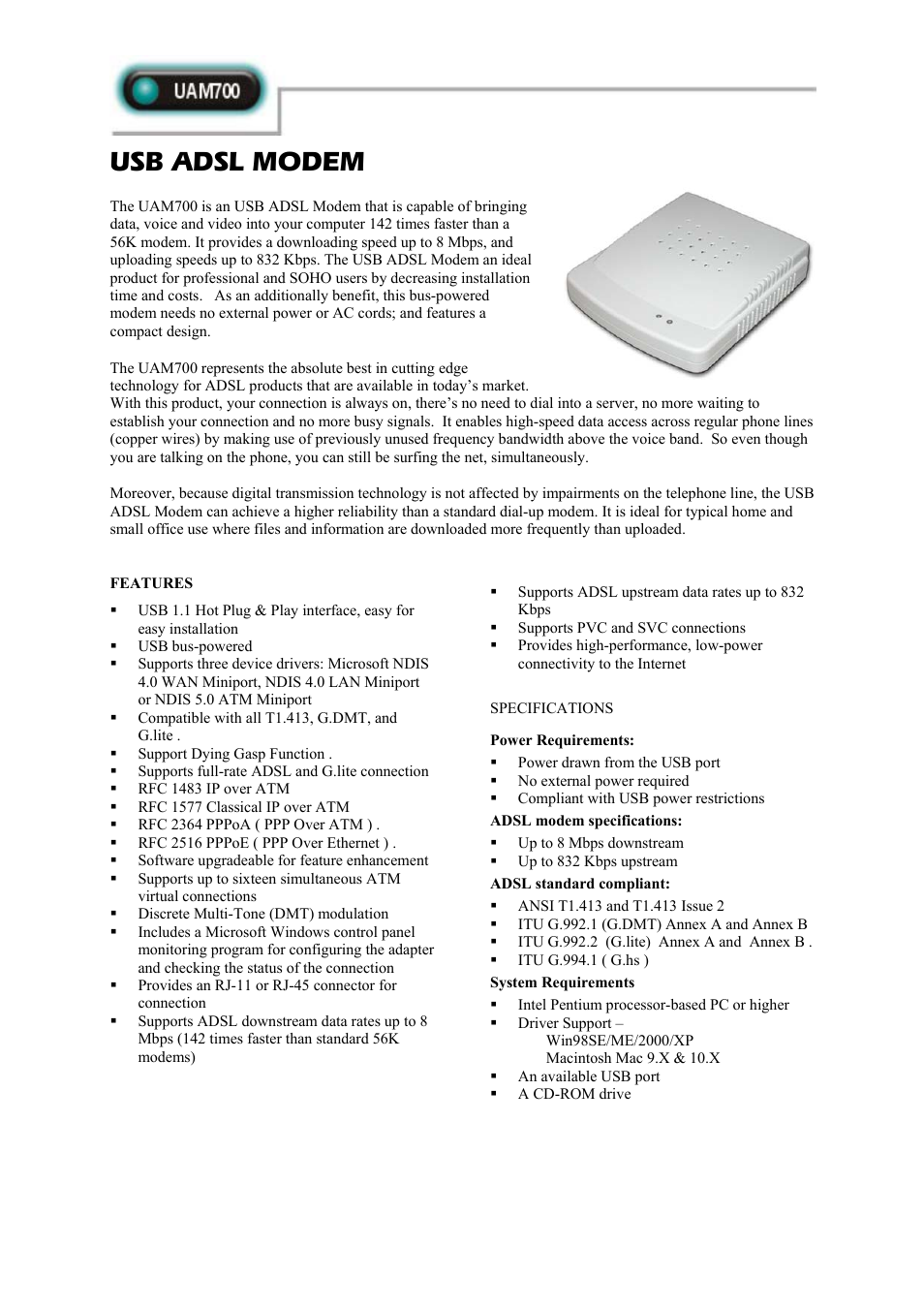 Abocom USB ADSL Modem UAM700 User Manual | 1 page