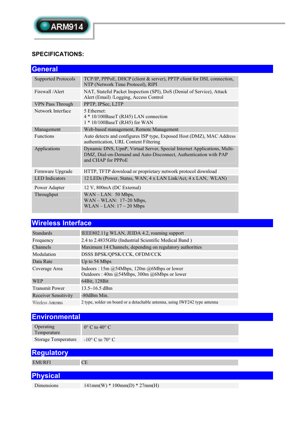 Specifications, General, Wireless interface | Environmental, Regulatory, Physical | Abocom ARM914 User Manual | Page 2 / 2