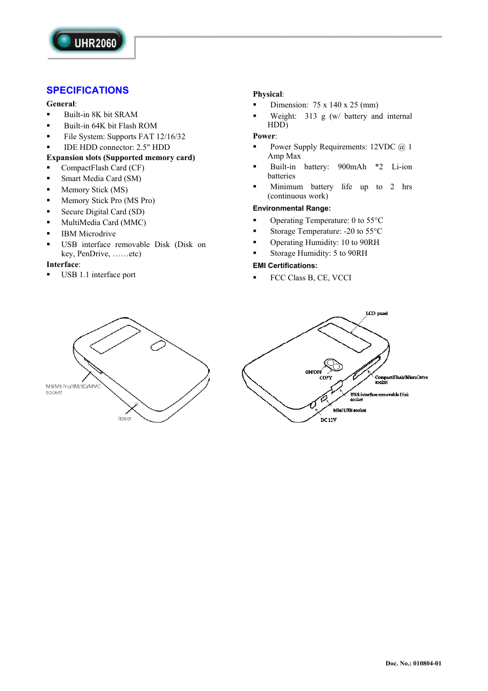 Specifications, Environmental range, Emi certifications | Abocom UHR2060 User Manual | Page 2 / 2