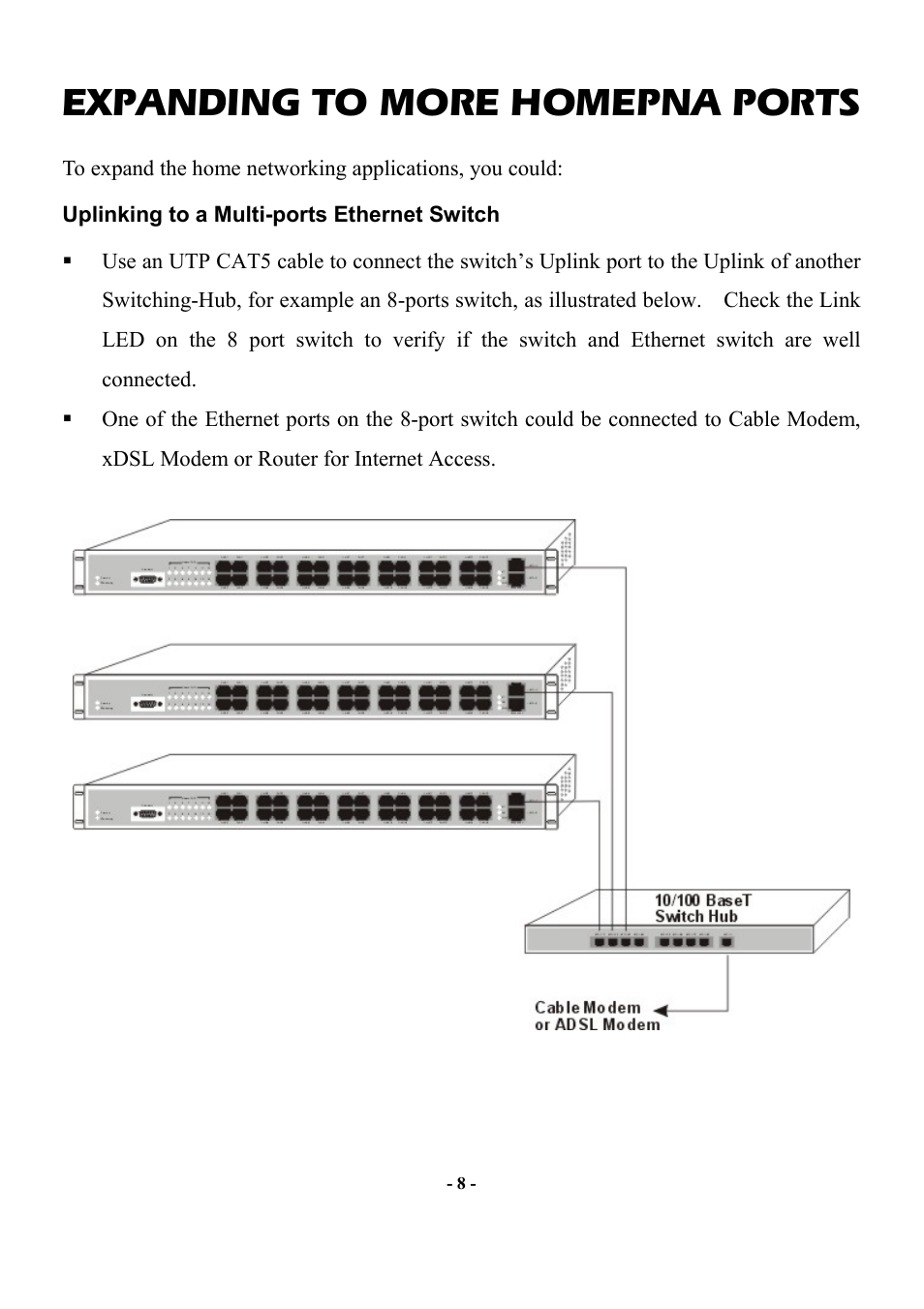 Expanding to more homepna ports, Uplinking to a multi-ports ethernet switch | Abocom Manageable 14-port HomePNA Plus 2 Fast Ethernet Switch User Manual | Page 14 / 54