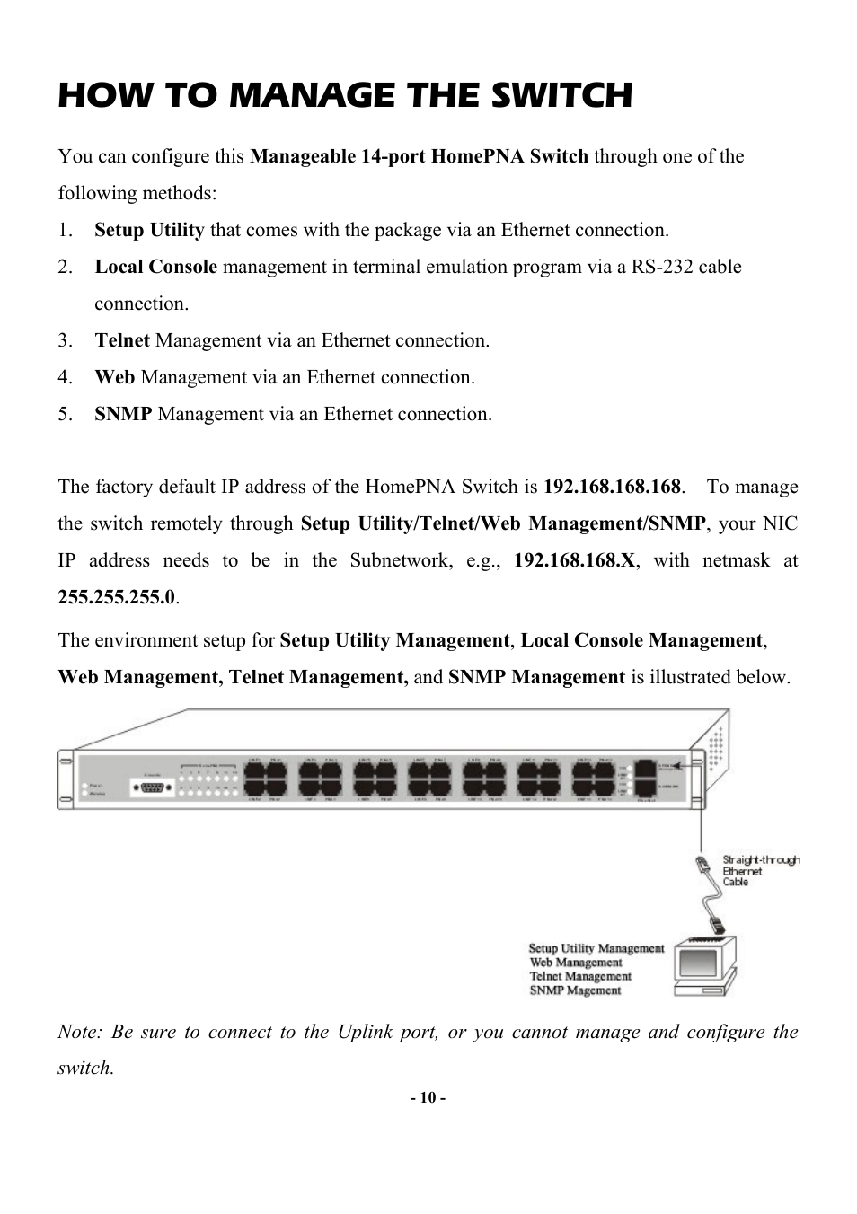 How to manage the switch | Abocom Manageable 14-port HomePNA Plus 2 Fast Ethernet Switch User Manual | Page 16 / 54