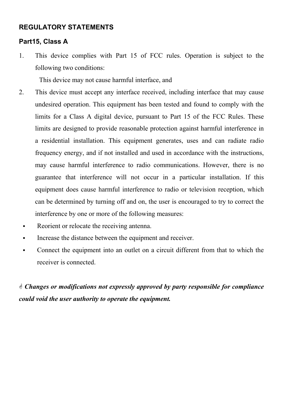 Regulatory statements, Part15, class a | Abocom Manageable 14-port HomePNA Plus 2 Fast Ethernet Switch User Manual | Page 2 / 54