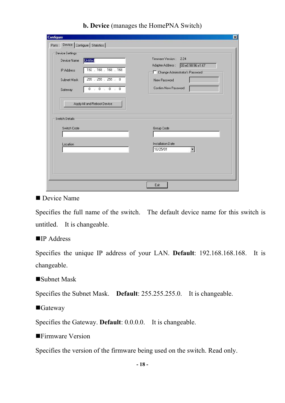 B. device (manages the homepna switch) | Abocom Manageable 14-port HomePNA Plus 2 Fast Ethernet Switch User Manual | Page 24 / 54