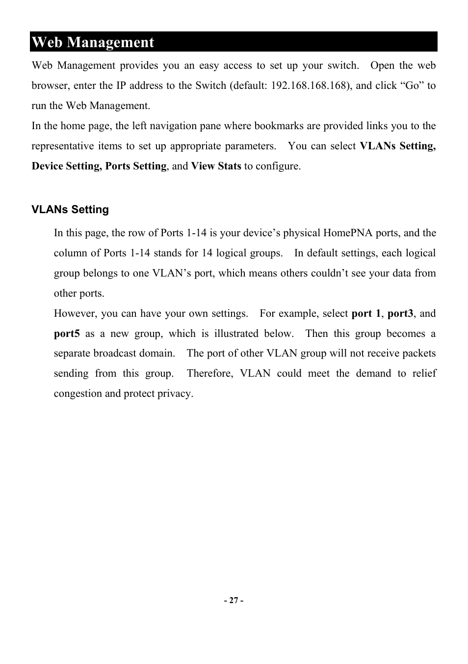 Web management, Vlans setting, Anagement | Abocom Manageable 14-port HomePNA Plus 2 Fast Ethernet Switch User Manual | Page 33 / 54