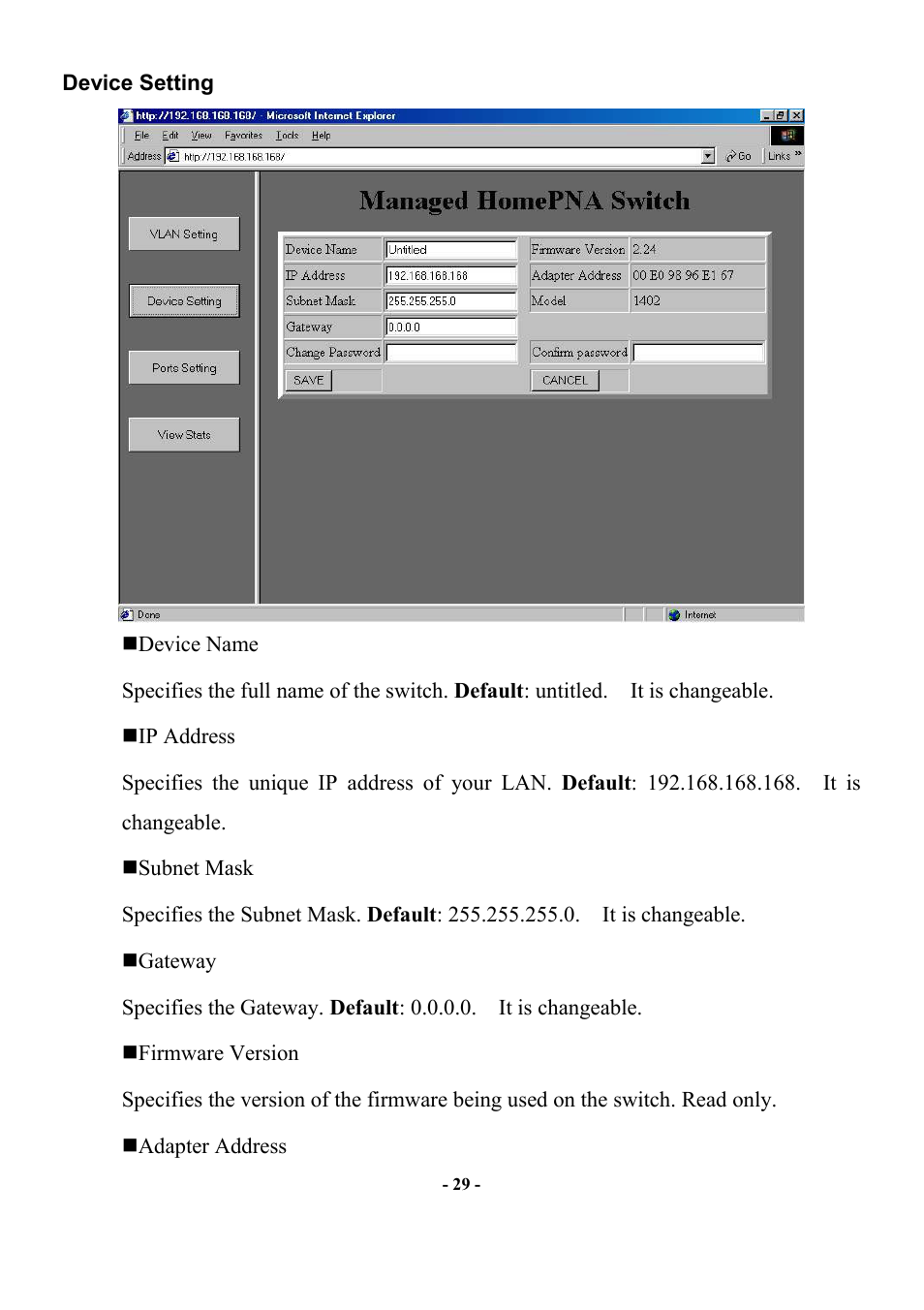 Device setting | Abocom Manageable 14-port HomePNA Plus 2 Fast Ethernet Switch User Manual | Page 35 / 54