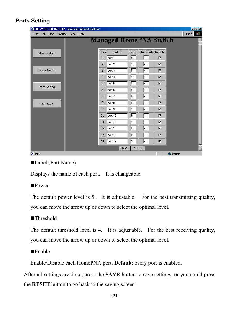 Ports setting | Abocom Manageable 14-port HomePNA Plus 2 Fast Ethernet Switch User Manual | Page 37 / 54