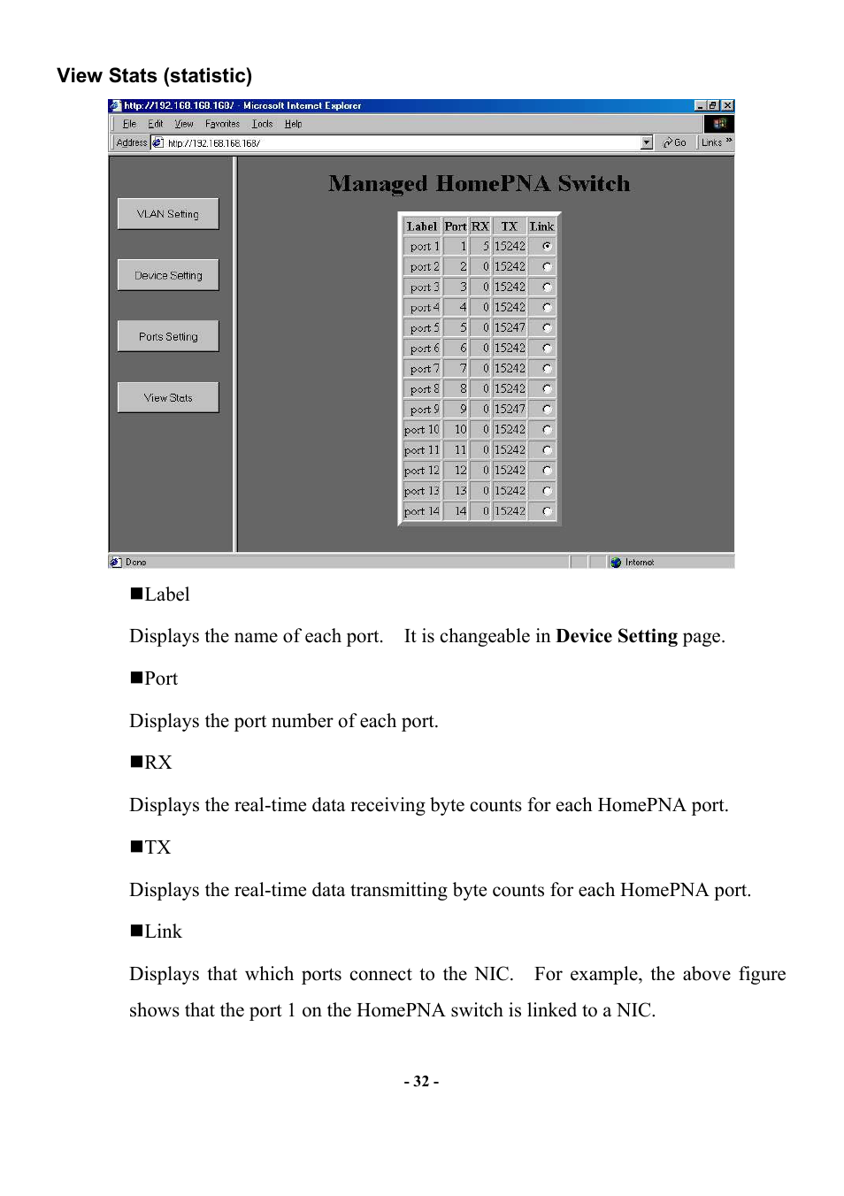 View stats (statistic) | Abocom Manageable 14-port HomePNA Plus 2 Fast Ethernet Switch User Manual | Page 38 / 54