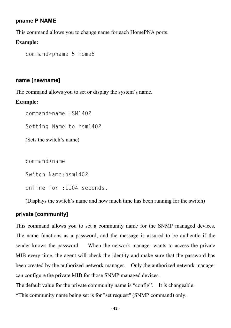 Pname p name, Name [newname, Private [community | Abocom Manageable 14-port HomePNA Plus 2 Fast Ethernet Switch User Manual | Page 48 / 54