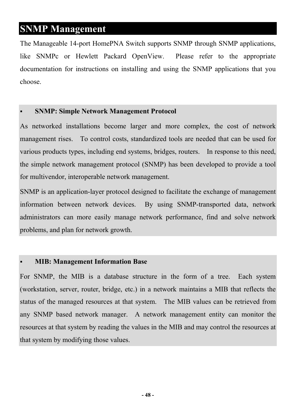 Snmp management, Snmp m, Anagement | Abocom Manageable 14-port HomePNA Plus 2 Fast Ethernet Switch User Manual | Page 54 / 54