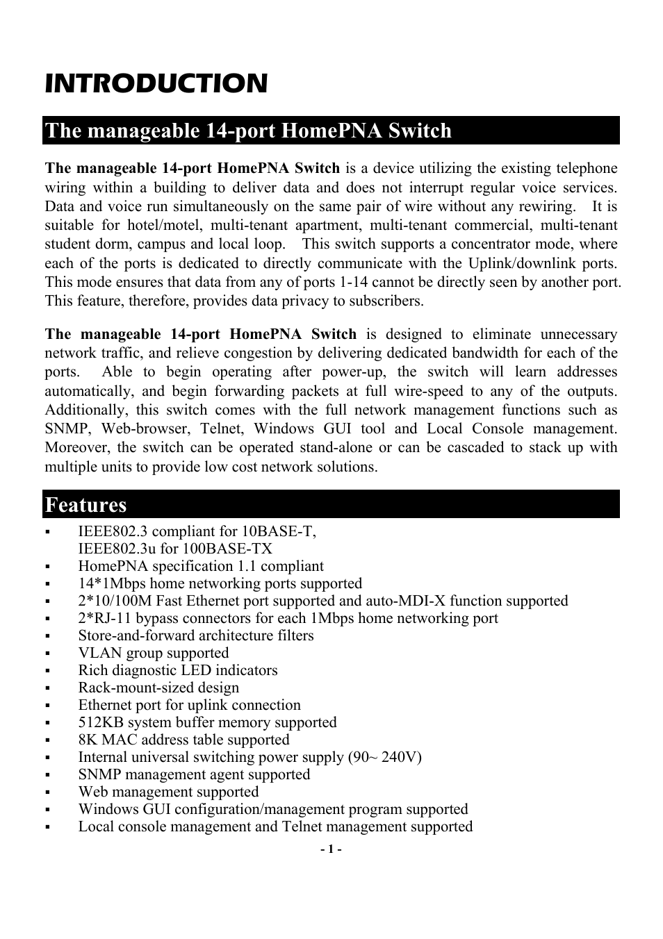 Introduction, The manageable 14-port homepna switch, Features | He manageable, Port, Pna s, Witch, Eatures | Abocom Manageable 14-port HomePNA Plus 2 Fast Ethernet Switch User Manual | Page 7 / 54