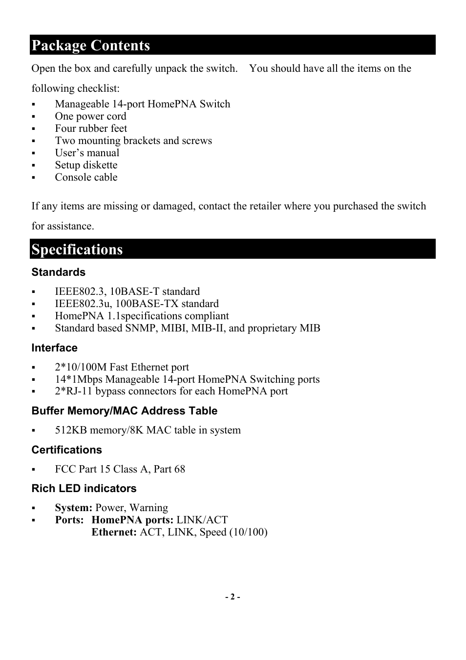 Package contents, Specifications, Standards | Interface, Buffer memory/mac address table, Certifications, Rich led indicators, Ackage, Ontents, Pecifications | Abocom Manageable 14-port HomePNA Plus 2 Fast Ethernet Switch User Manual | Page 8 / 54