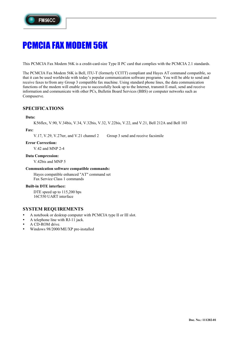 Abocom FM56CC User Manual | 1 page