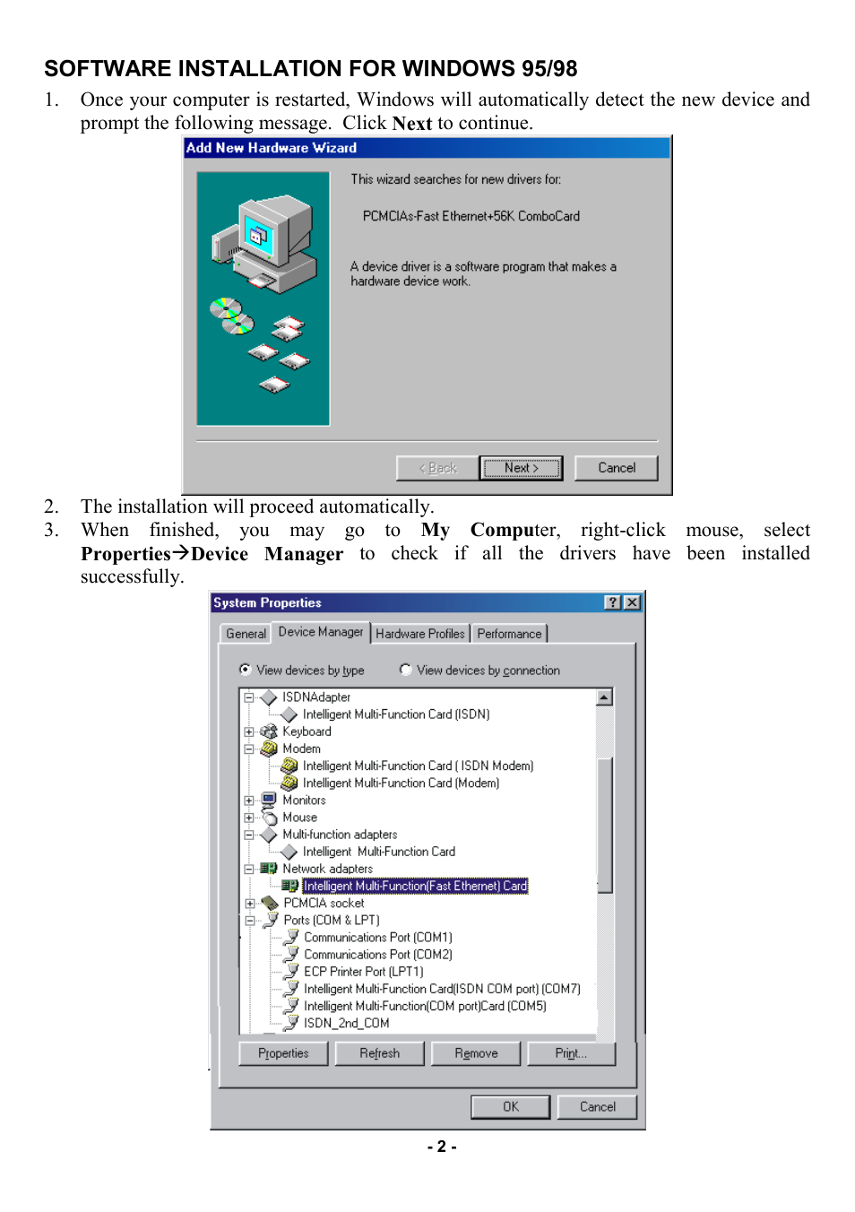 Software installation for windows 95/98 | Abocom MA2000 User Manual | Page 3 / 3