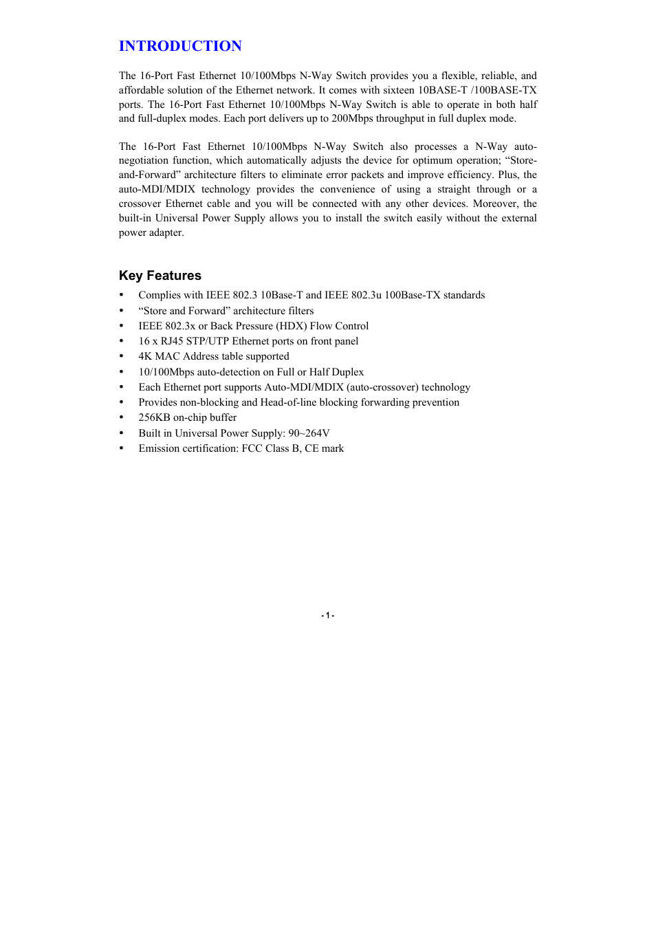 Introduction, Key features | Abocom SW1600B User Manual | Page 3 / 6