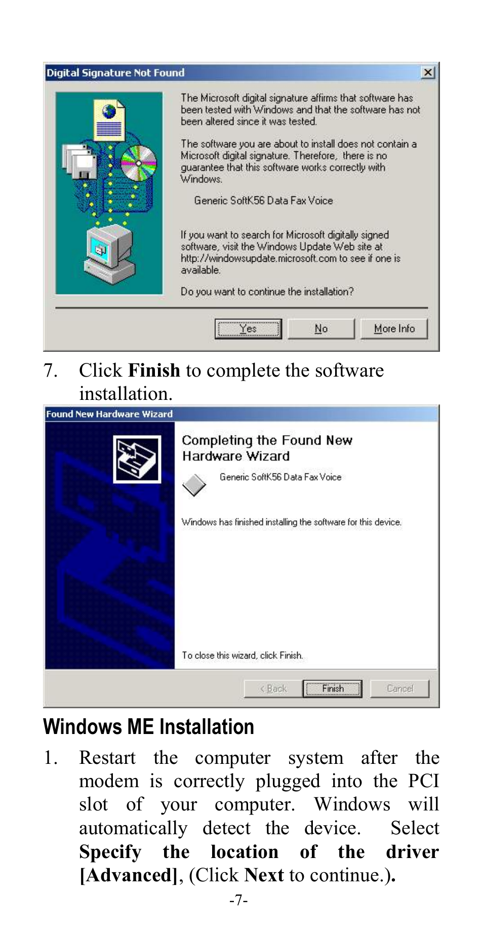 Windows me installation, Indows, Me i | Nstallation | Abocom ISM56CR User Manual | Page 12 / 20