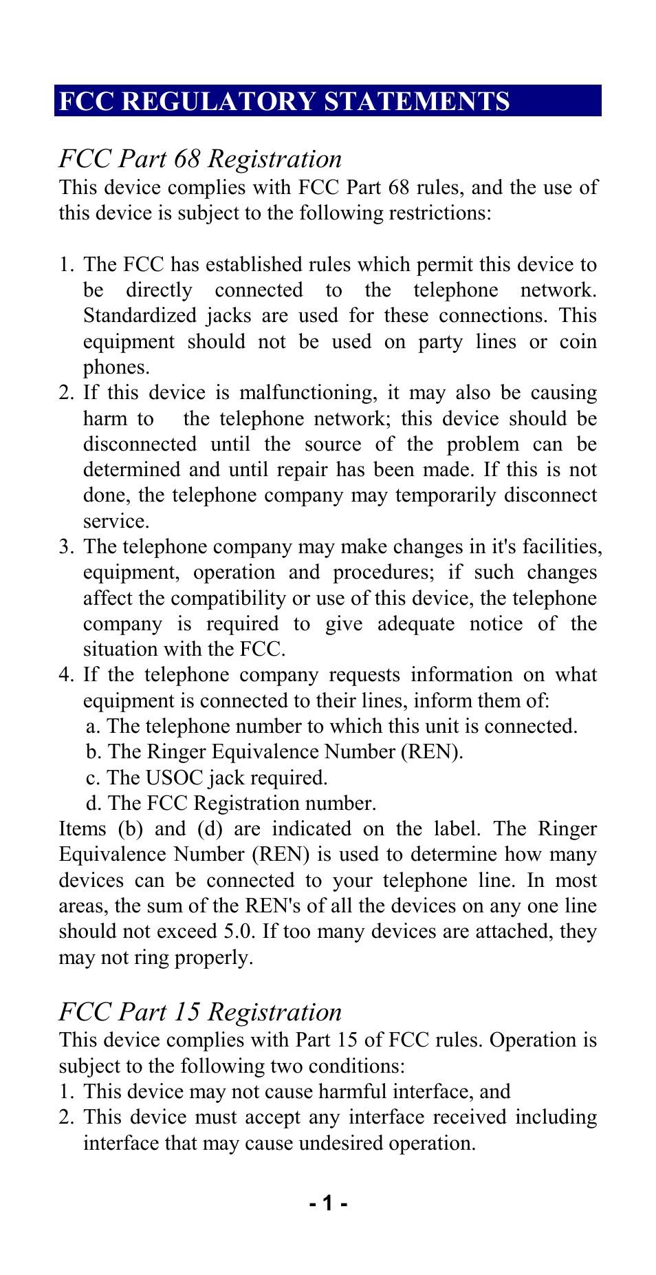 Fcc regulatory statements, Fcc part 68 registration, Fcc part 15 registration | Abocom ISM56CR User Manual | Page 2 / 20