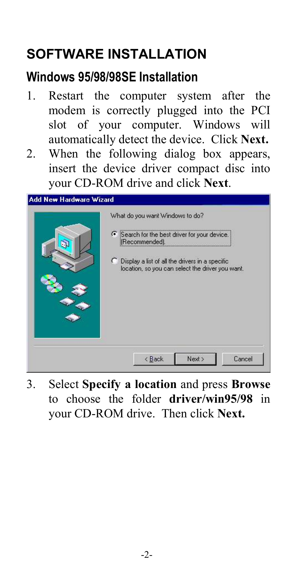 Software installation, Windows 95/98/98se installation, Indows | 95/98/98se, Nstallation | Abocom ISM56CR User Manual | Page 7 / 20