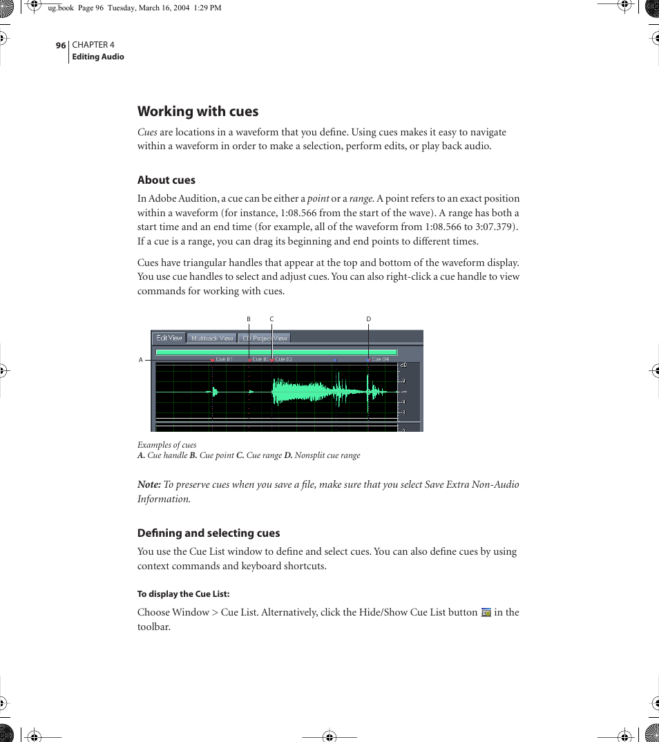 Working with cues | Adobe AUDITION 1.5 User Manual | Page 104 / 308