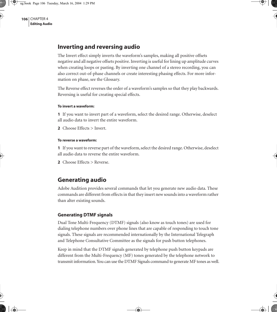 Inverting and reversing audio, Generating audio | Adobe AUDITION 1.5 User Manual | Page 114 / 308