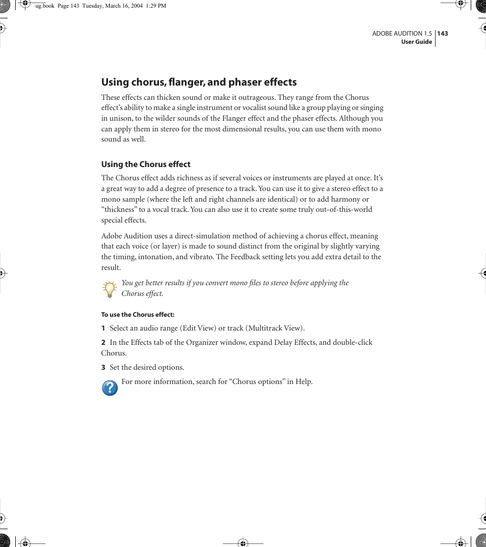 Using chorus, flanger, and phaser effects | Adobe AUDITION 1.5 User Manual | Page 151 / 308