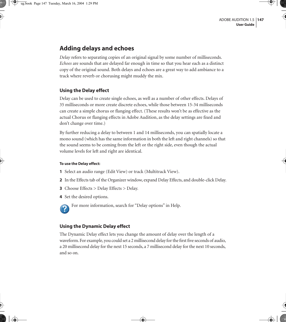 Adding delays and echoes | Adobe AUDITION 1.5 User Manual | Page 155 / 308
