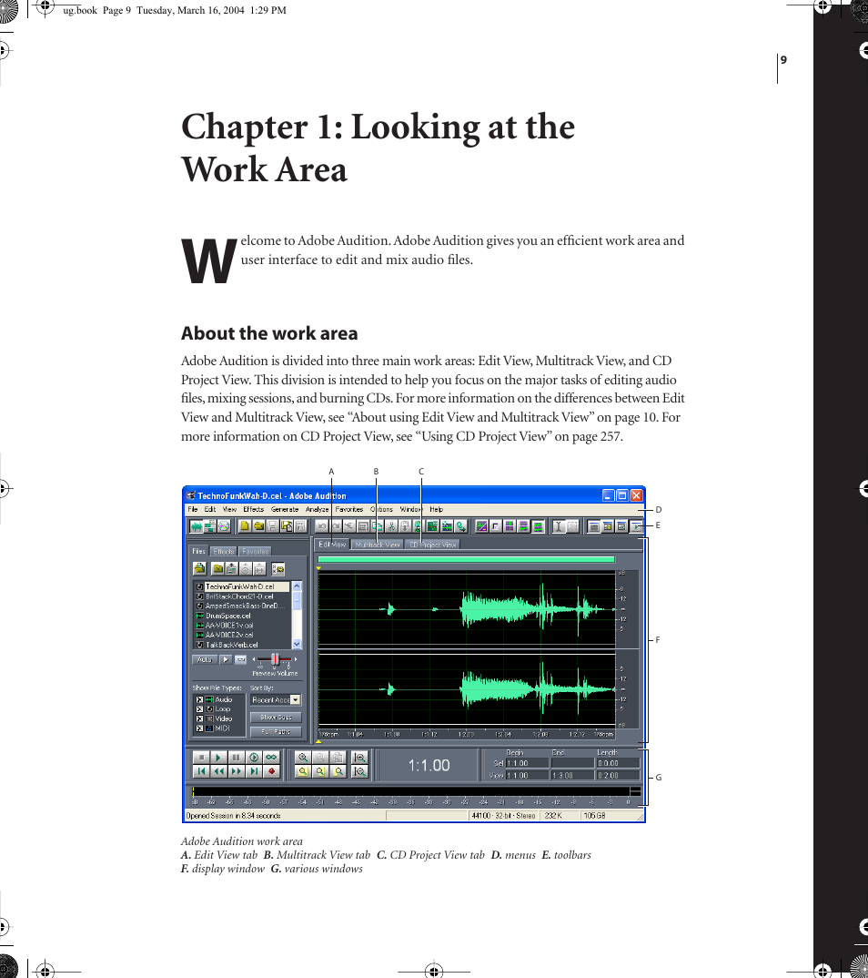 Chapter 1: looking at the work area, About the work area | Adobe AUDITION 1.5 User Manual | Page 17 / 308