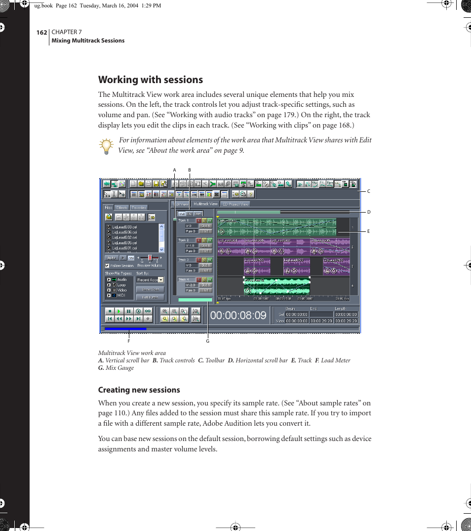 Working with sessions, Creating new sessions | Adobe AUDITION 1.5 User Manual | Page 170 / 308
