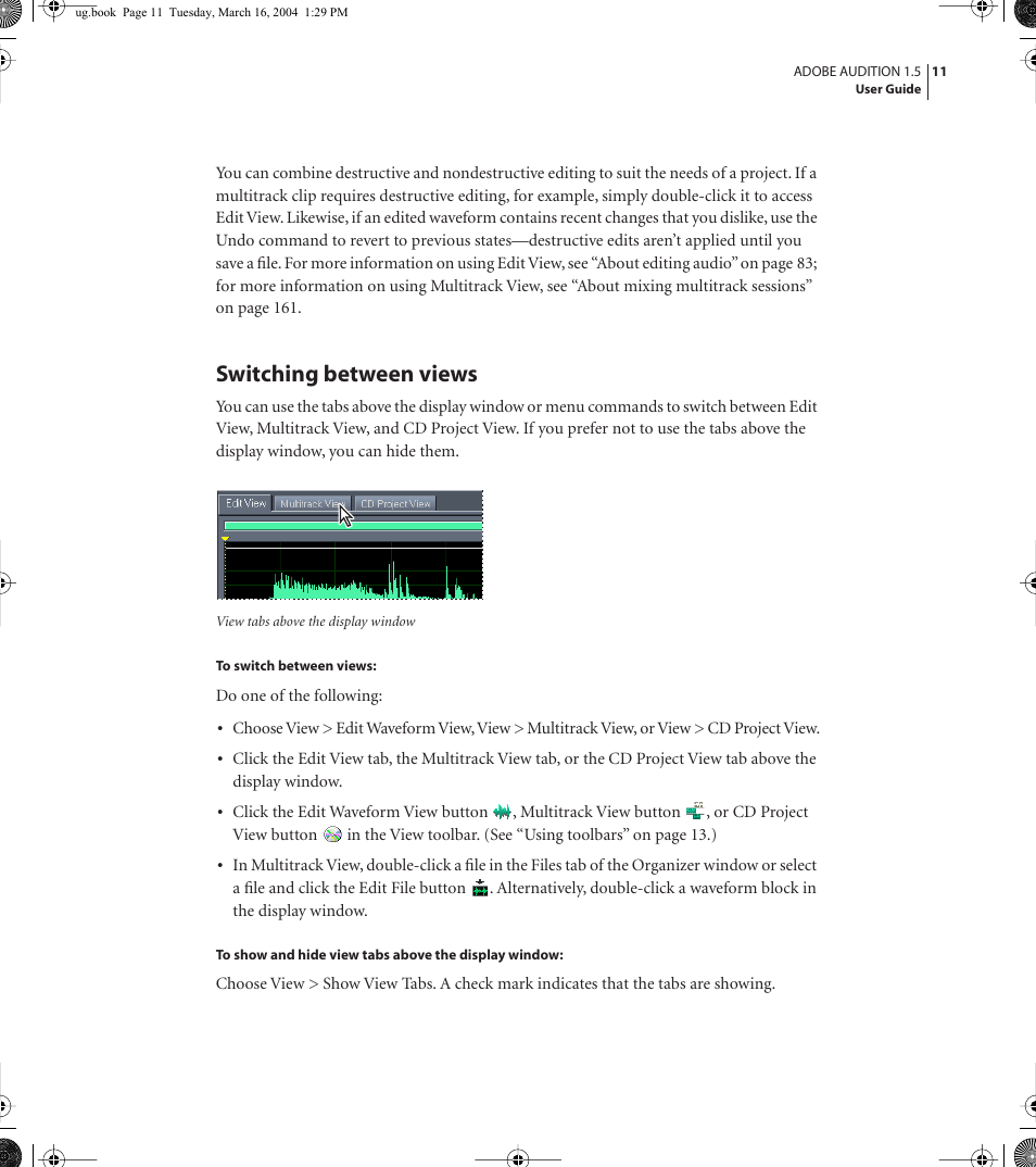 Switching between views | Adobe AUDITION 1.5 User Manual | Page 19 / 308